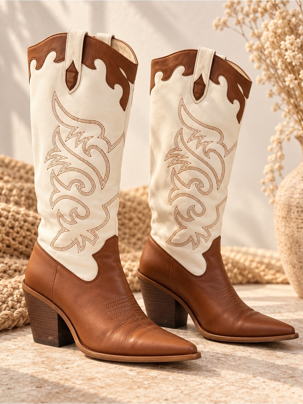 Vintage Western Cowboy Boots Brown & Cream Embroidered | Coastal Cowgirl Size 38